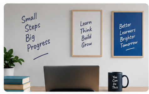 Workspace wall with 'Small Steps, Big Progress' and 'Better Learners, Brighter Tomorrow' notes above a desk